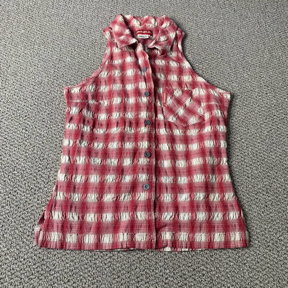 VTG Union Bay Womens Shirt Large Red Cream Plaid Sleeveless Button Up Y2K Retro‎ - Picture 1 of 10